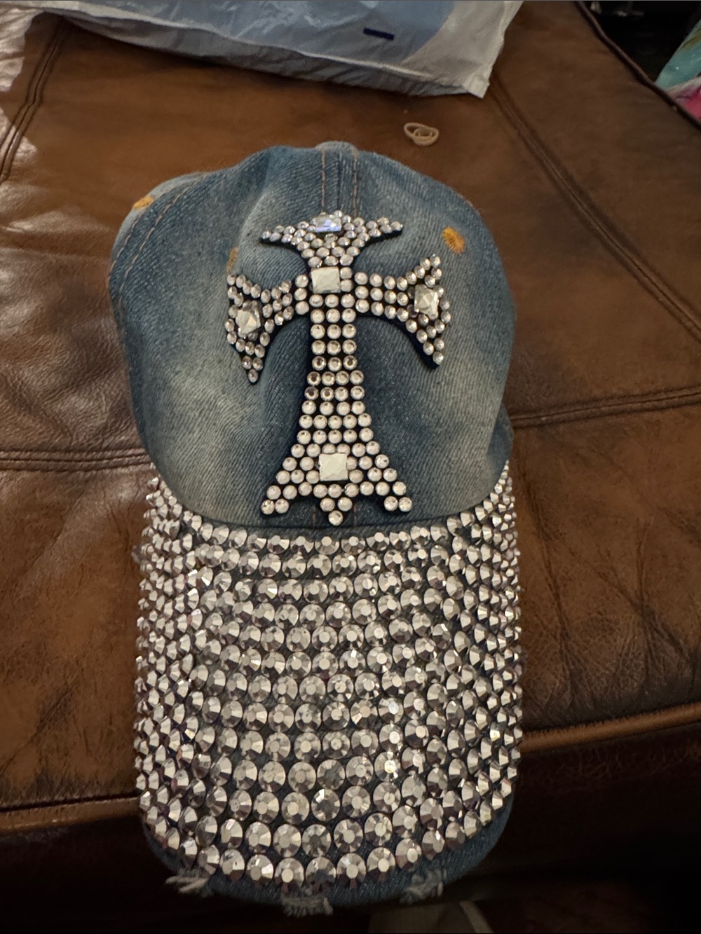 indigo soul Denim Rhinestone Cross Studded Baseball Cap - Blue